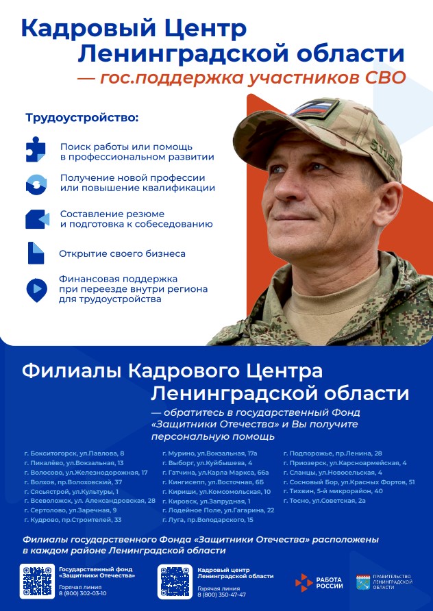 Кадровый центр Ленинградской области - гос. поддержка участников СВО